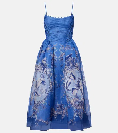 Zimmermann Rebellion Lace-up Embellished Pleated Gathered Printed Linen And Silk-blend Midi Dress In Blue
