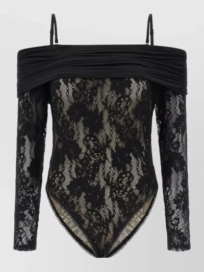 Zimmermann Rebellion Long Sleeve Off Shoulder Bodysuit Sheer Lace In Black