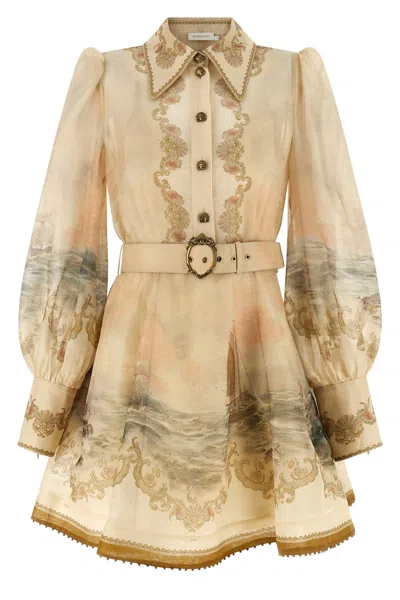Zimmermann Womens Sunset Rebellion Marine Puffed-sleeves Linen And Silk Mini Dress Xs In Neutral