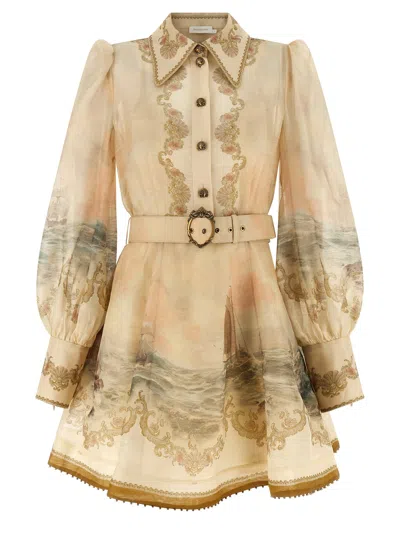 Zimmermann Womens Sunset Rebellion Marine Puffed-sleeves Linen And Silk Mini Dress Xs In Neutral