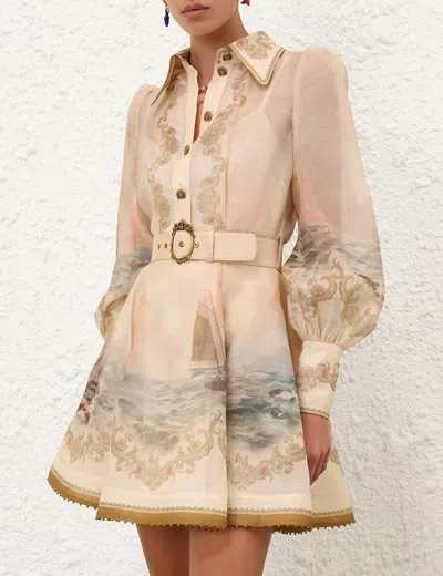 Zimmermann Womens Sunset Rebellion Marine Puffed-sleeves Linen And Silk Mini Dress Xs In Neutral