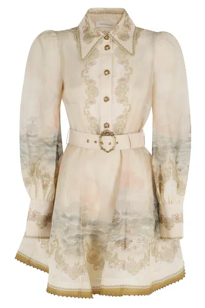Zimmermann Womens Sunset Rebellion Marine Puffed-sleeves Linen And Silk Mini Dress Xs In Neutral