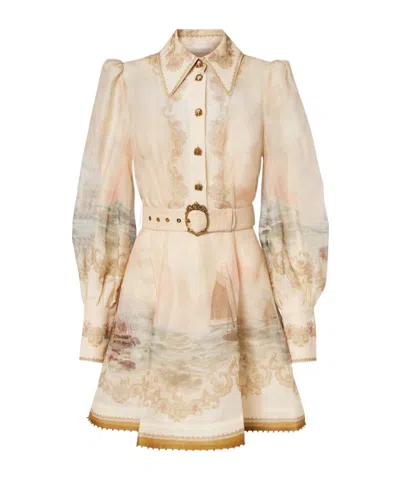 Zimmermann Rebellion Marine Printed Linen And Silk Minidress In Neutral