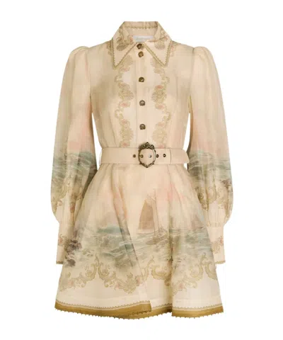 Zimmermann Rebellion Marine Printed Linen-blend Mini Shirt Dress In Nude