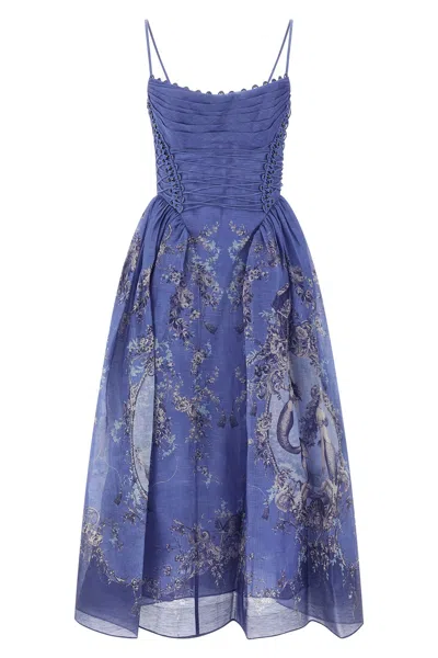 Zimmermann Rebellion Lace-up Embellished Pleated Gathered Printed Linen And Silk-blend Midi Dress In Blue