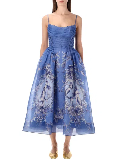 Zimmermann Rebellion Lace-up Embellished Pleated Gathered Printed Linen And Silk-blend Midi Dress In Blue