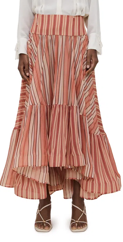 Zimmermann Rebellion Bohemian Asymmetric Tiered Striped Georgette Skirt In Red