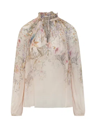 Zimmermann 'rebellion' Multicolor Blouse With Bow Detail On The Front And All-over Floral Motif In Viscose Woma