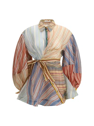 Zimmermann Rebellion Multicolor Midi Dress With Bow Detail On The Front And All-over Striped Motif In Linen And