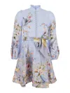 Zimmermann 'rebellion' Multicolor Midi Dress With Bow Detail On The Front And All-over Floral Print In Linen Wo In Purple