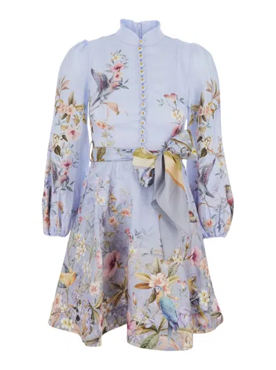 Zimmermann Rebellion Multicolor Midi Dress With Bow Detail On The Front And All-over Floral Print In Linen Woma In Blue