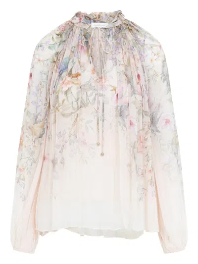 Zimmermann 'rebellion' Multicolor Blouse With Bow Detail On The Front And All-over Floral Motif In Viscose Woma