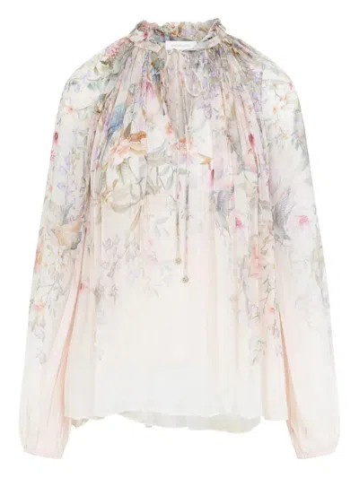 Zimmermann 'rebellion' Multicolor Blouse With Bow Detail On The Front And All-over Floral Motif In Viscose Woma