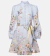 Zimmermann Rebellion Multicolor Midi Dress With Bow Detail On The Front And All-over Floral Print In Linen Woma In Blue