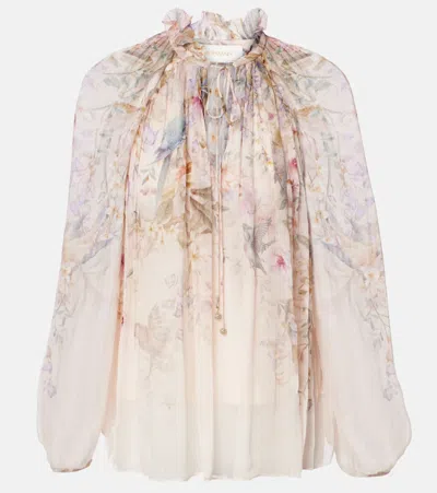 Zimmermann Rebellion Printed Sheer Blouse In Nude
