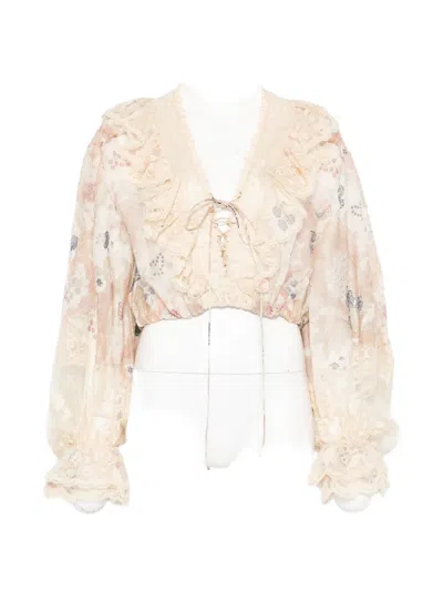 Zimmermann Rebellion Lace-up Ruffled Floral-print Linen And Silk-blend Top In White