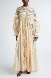 Zimmermann Rebellion Splice Long Sleeve Lace Ruffle Silk Maxi Dress In White