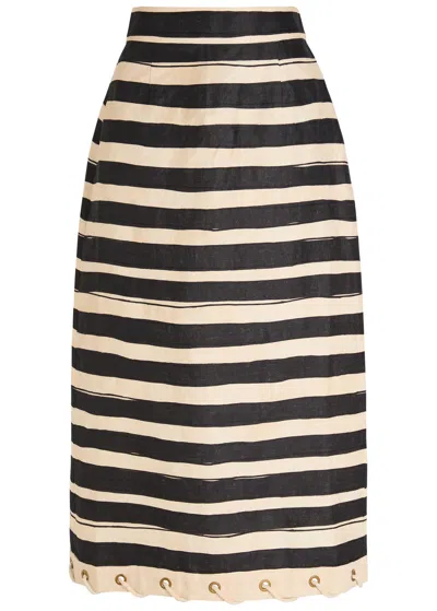Zimmermann Rebellion Striped Linen Midi Skirt In Black