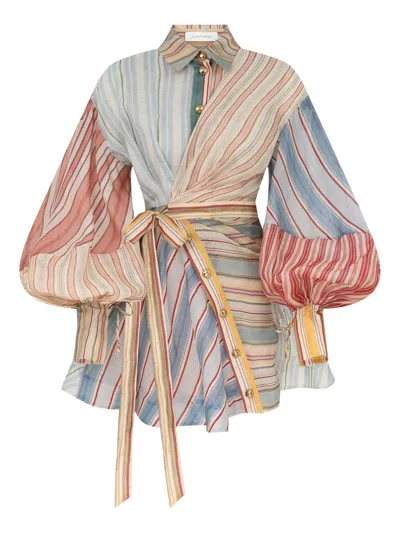 Zimmermann Rebellion Multicolor Midi Dress With Bow Detail On The Front And All-over Striped Motif In Linen And
