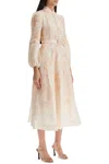 Zimmermann Red Floral Linen Midi Dress With Ruffled Sleeves In Red