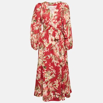 Pre-owned Zimmermann Red Floral Print Linen Lexi Wrap Long Dress S