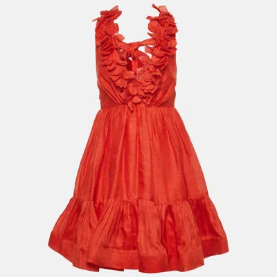 Pre-owned Zimmermann Red Linen And Silk Plunge Neck Lovestruck Garland Mini Dress M
