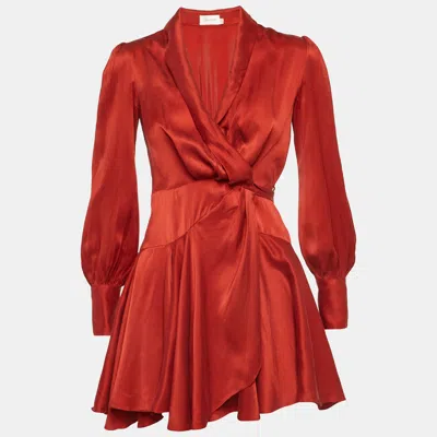 Pre-owned Zimmermann Red Satin Ruffle Wrap Mini Dress Xs