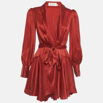 Pre-owned Zimmermann Red Silk Satin Blouson Sleeve Mini Wrap Dress Xs