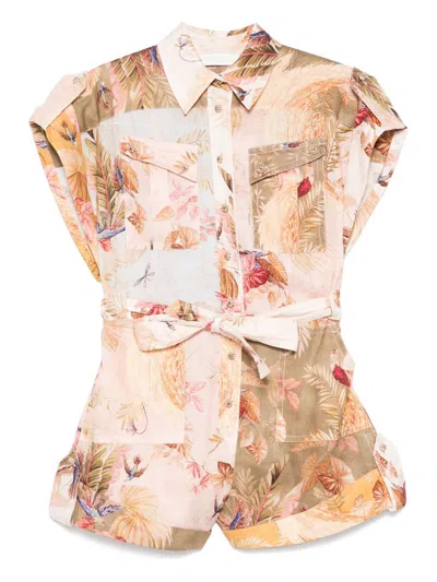 Zimmermann Rhiannon Belted Linen Playsuit In Multicolour