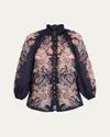 Zimmermann Rhiannon Billow Blue Blouse With High Neck And All-over Paisley Print In Ramie Woman In Blue