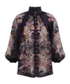 Zimmermann Rhiannon Billow Blue Blouse With High Neck And All-over Paisley Print In Ramie Woman In Blue