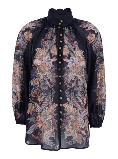 Zimmermann Rhiannon Billow Blue Blouse With High Neck And All-over Paisley Print In Ramie Woman