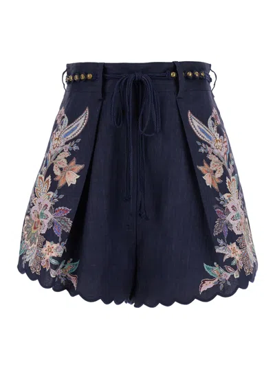 Zimmermann Rhiannon Blue Shorts With Removable Belt And Floral Embroidery On The Side In Linen Woman