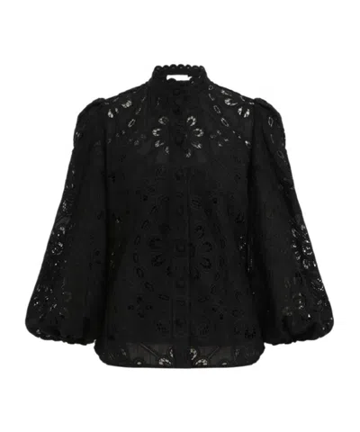 Zimmermann Rhiannon Guipure Lace Trim Cotton Shirt In Black
