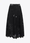 Zimmermann Zim Rhiannon Embroidered Scallop Hem Wblt Midi Skirt Black In Black