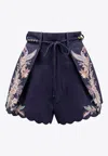 Zimmermann Rhiannon Blue Shorts With Removable Belt And Floral Embroidery On The Side In Linen Woman In Blue
