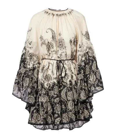 Zimmermann Rhiannon Floral Gathered Silk Minidress In Brown
