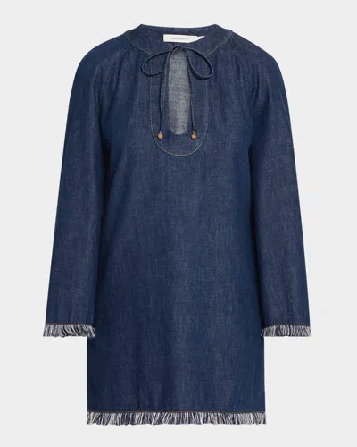 Zimmermann Rhiannon Fringed Denim Mini Dress In Blue