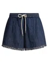 Zimmermann Rhiannon Drawstring Waist Fringe Hem Denim Shorts In Blue