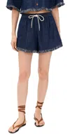 Zimmermann Rhiannon Drawstring Waist Fringe Hem Denim Shorts In Atlantic