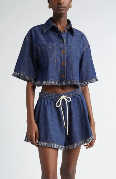 Zimmermann Rhiannon Fringe Trim Crop Denim Shirt In Blue