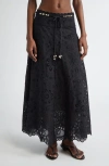Zimmermann Zim Rhiannon Embroidered Scallop Hem Wblt Midi Skirt Black In Black