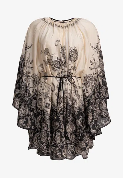 Zimmermann Rhiannon Lantern Floral Mini Dress In Sand