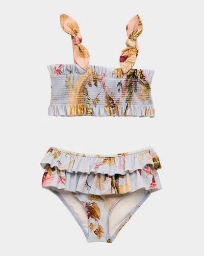 Zimmermann Kids' Rhiannon Leaf-print Smocked Bikini In Multi