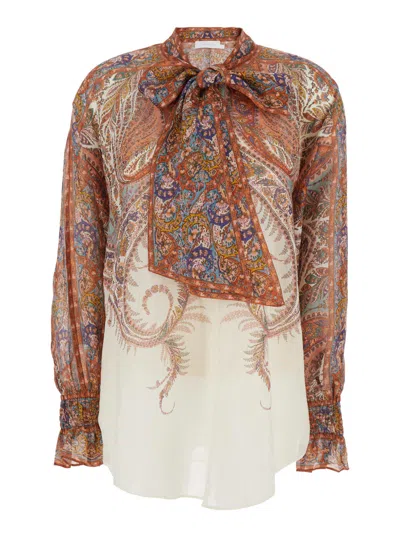 Zimmermann Rhiannon Multicolor Blouse With Tie Closure On The Front And Paisley Print In Ramie Woman In Neutral