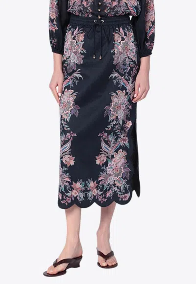 Zimmermann Rhiannon Scallop Midi Skirt In Navy Blue Multicolored Paisley Pattern