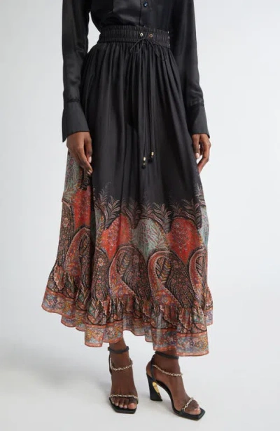 Zimmermann Rhiannon Ruffled Paisley-print Organic Silk Maxi Skirt In Black Paisley