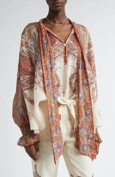 Zimmermann Rhiannon Paisley Tie Neck Top In Cream Paisley