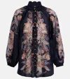 Zimmermann Rhiannon Billow Blue Blouse With High Neck And All-over Paisley Print In Ramie Woman In Blue