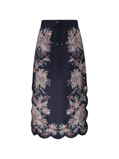 Zimmermann Rhiannon Scallop Midi Skirt In Navy Blue Multicolored Paisley Pattern